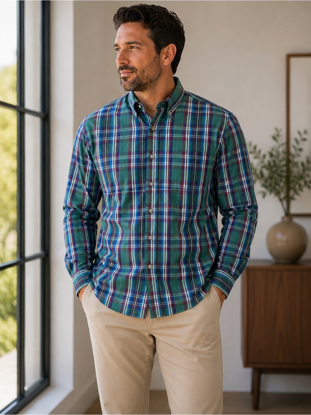 Chaps Men’s XXL Plaid Button Down Shirt Blue Green Red Classic Fit Cotton